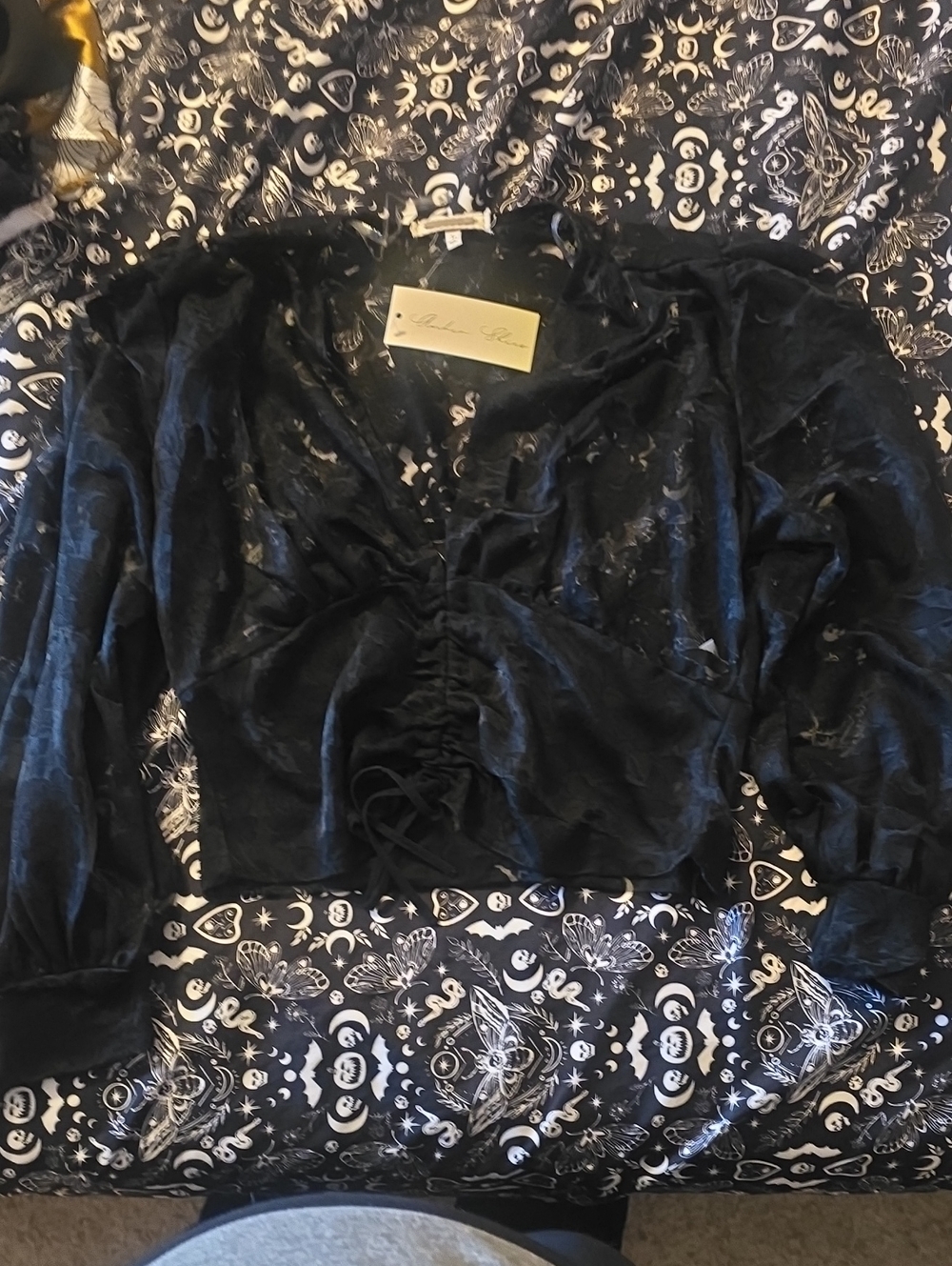Black Velvet Ruched Long Sleeve Blouse